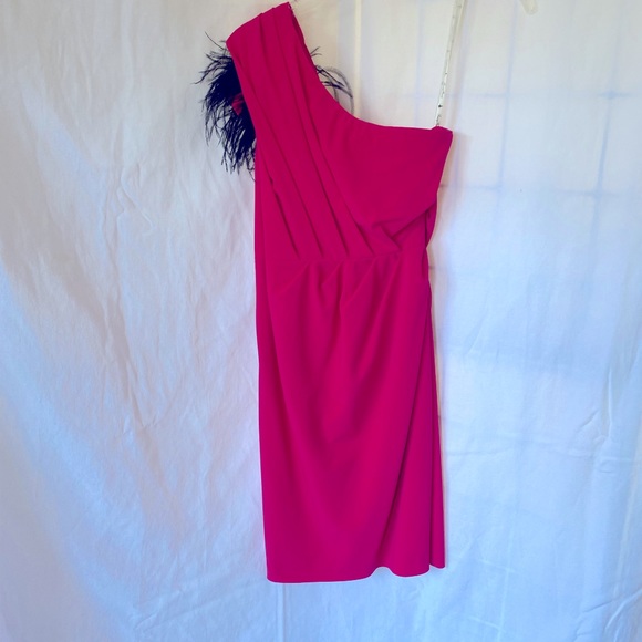 NWT - Tracy Reese Marabou Feather One Shoulder Dress, color:  Azalea Sz 6 - Picture 5 of 8